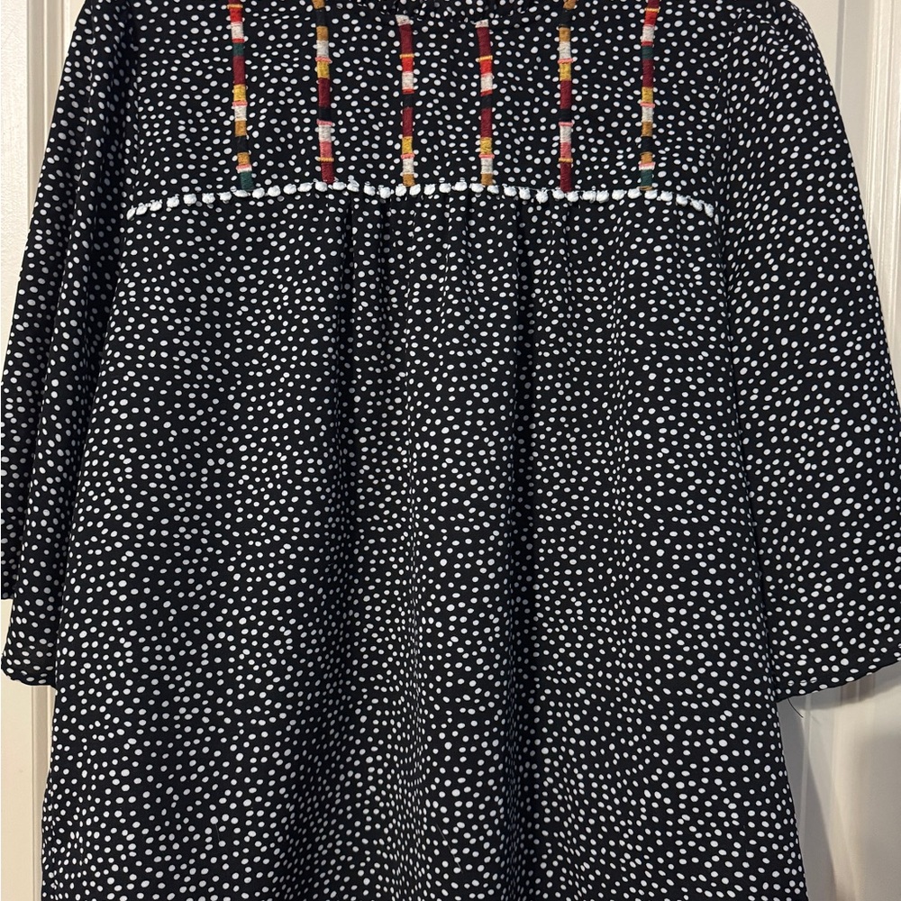THML Black and White Polka Dot Peasant Blouse with Multicolor Embroidery